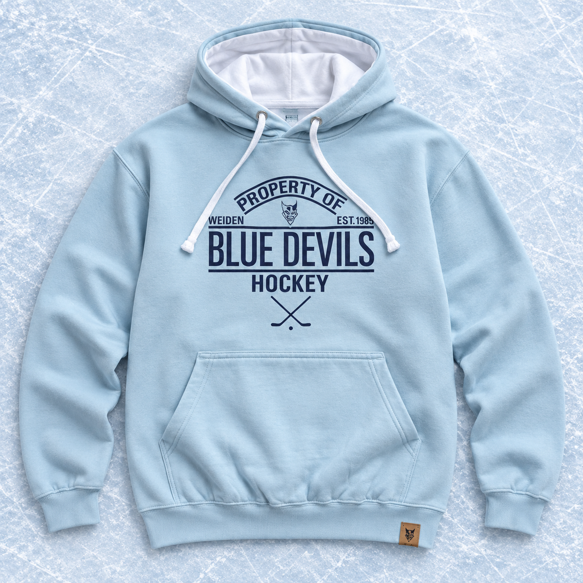 Hoodie 'Property' mit Leder-Label  Hellblau/Dunkelblau